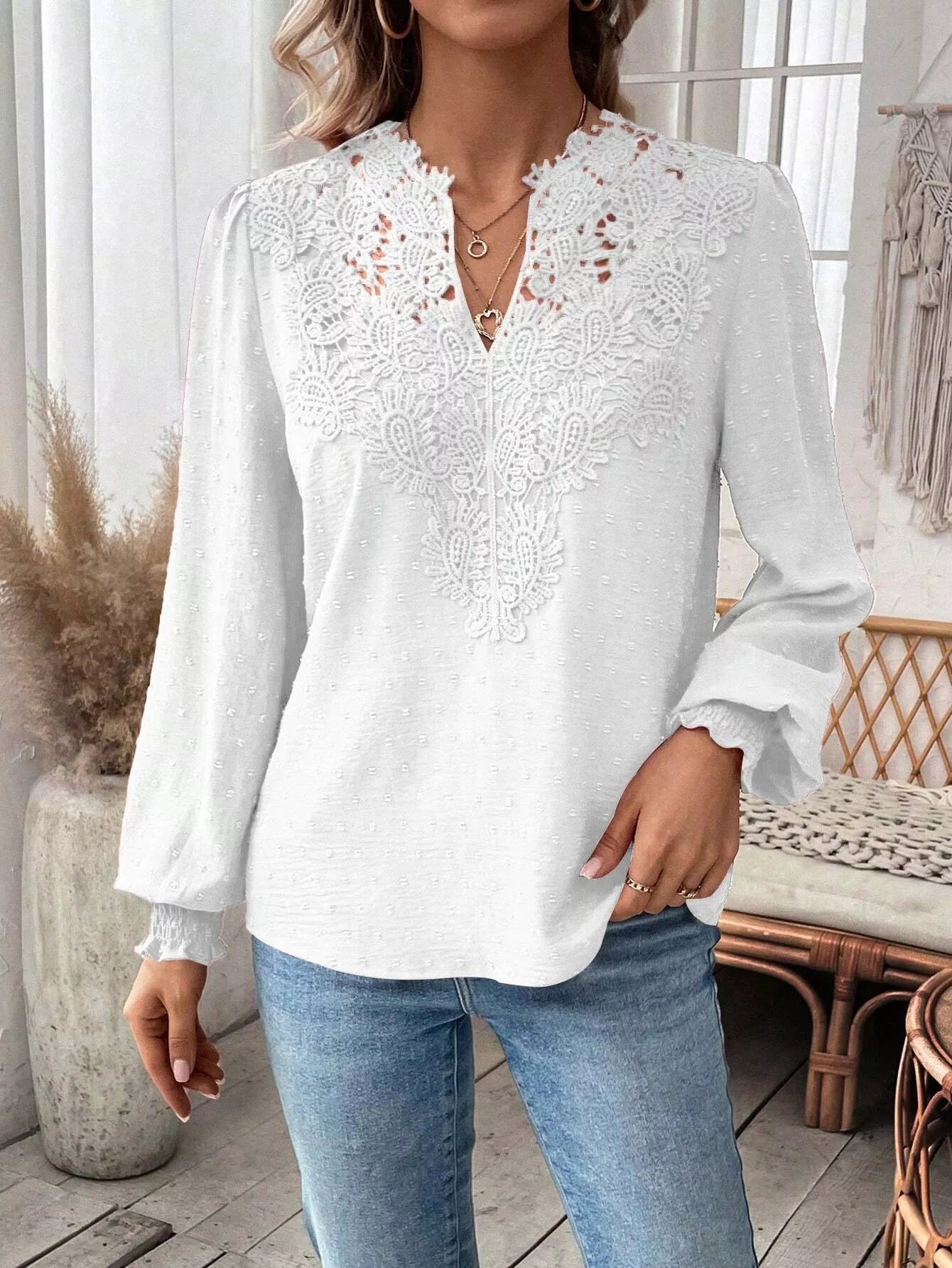 Swiss Dot Lace Detail Long Sleeve Blouse