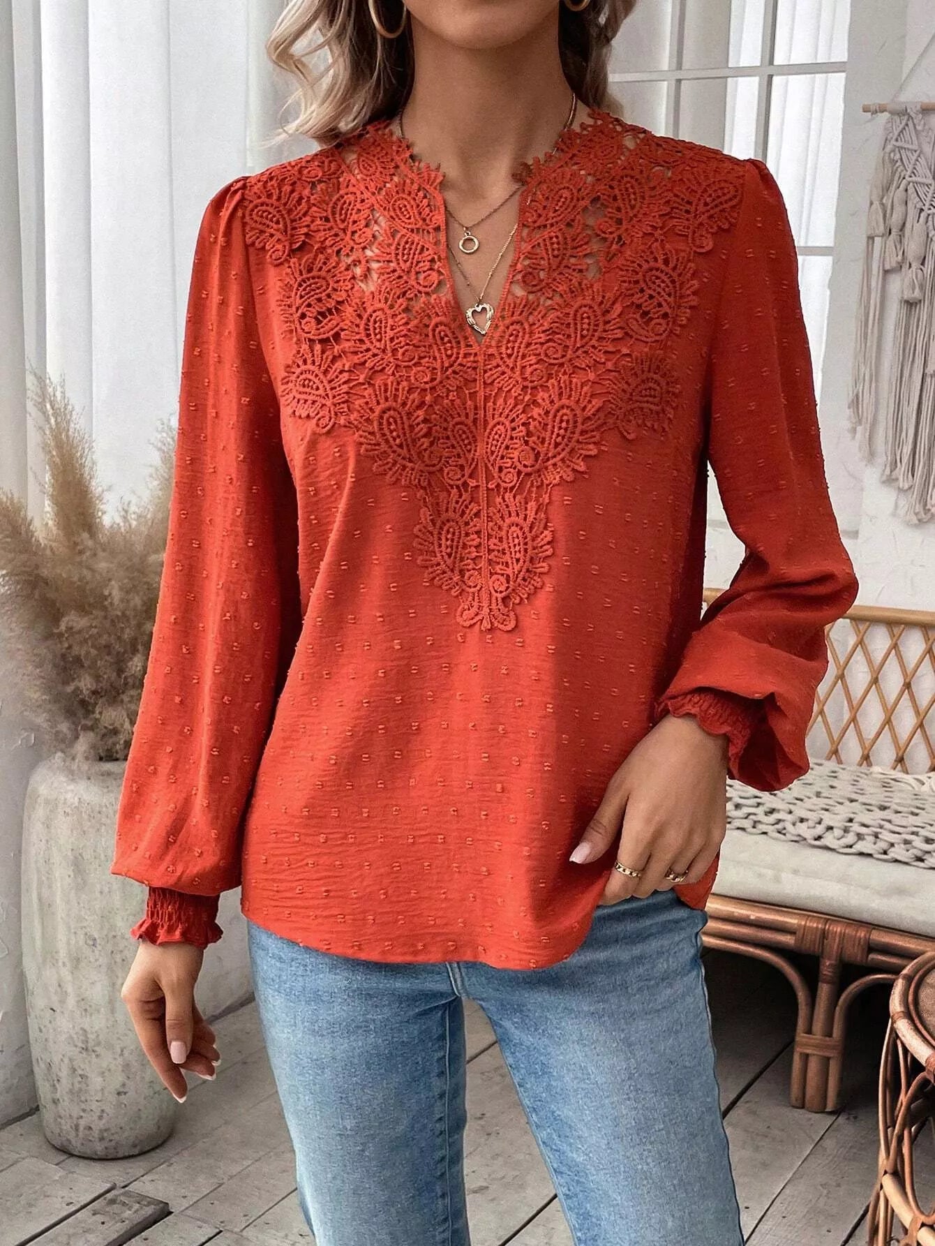 Swiss Dot Lace Detail Long Sleeve Blouse
