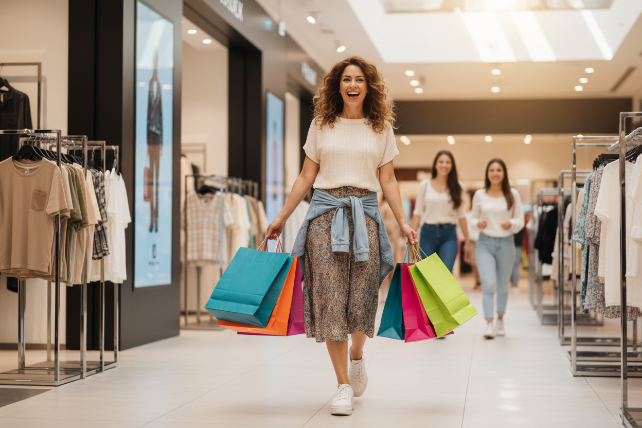 CREATE A IMAGE WHICH SHOWS A HAPPY WOMEN ON SHOPPING 